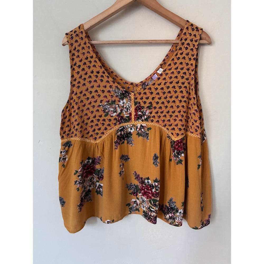 Alythea Altard State Mustard Yellow Boho Floral Babydoll Sleeveless Top XS